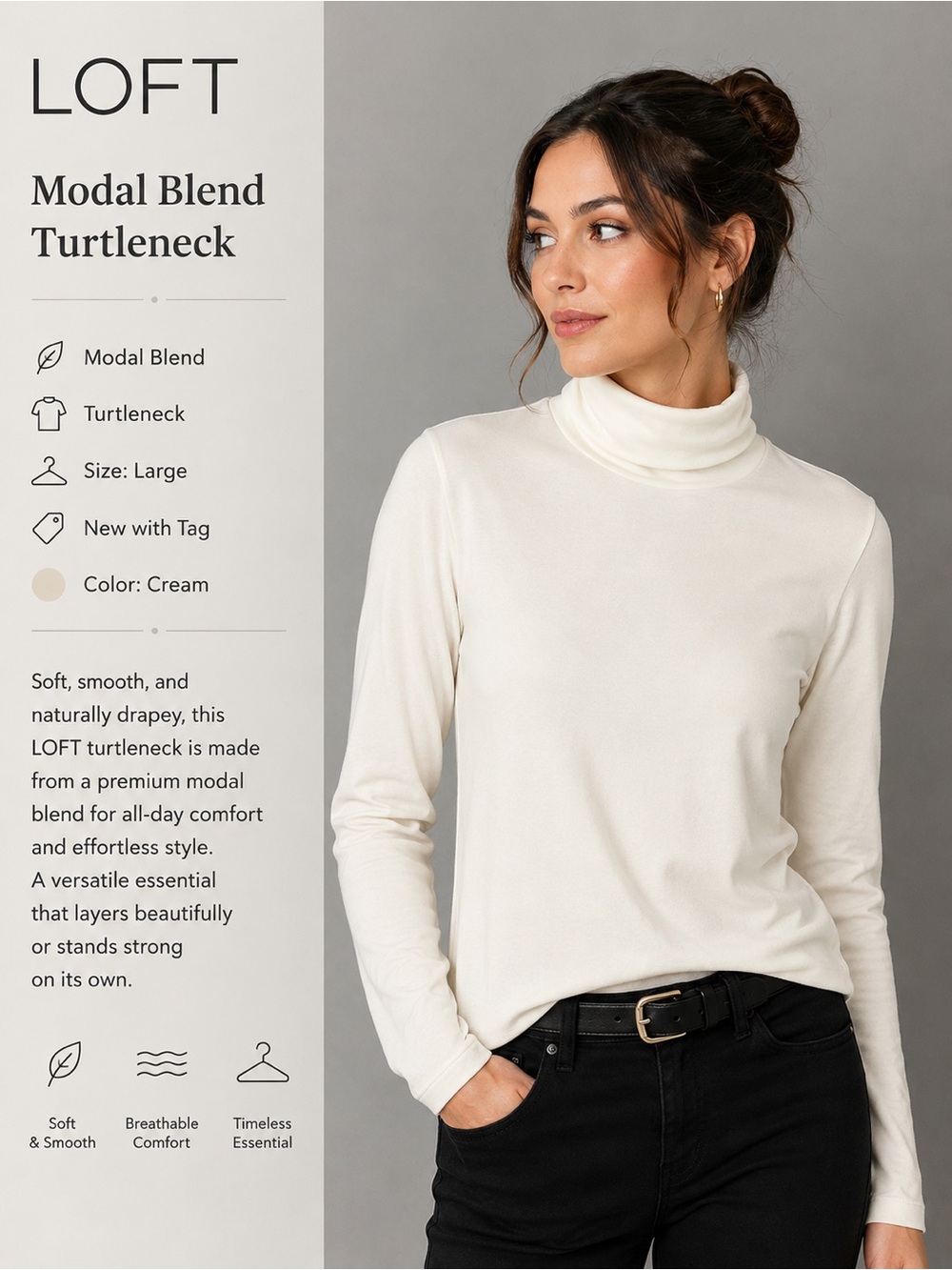 LOFT Cream Modal Blend Turtleneck Long Sleeve Top Size Large NWT